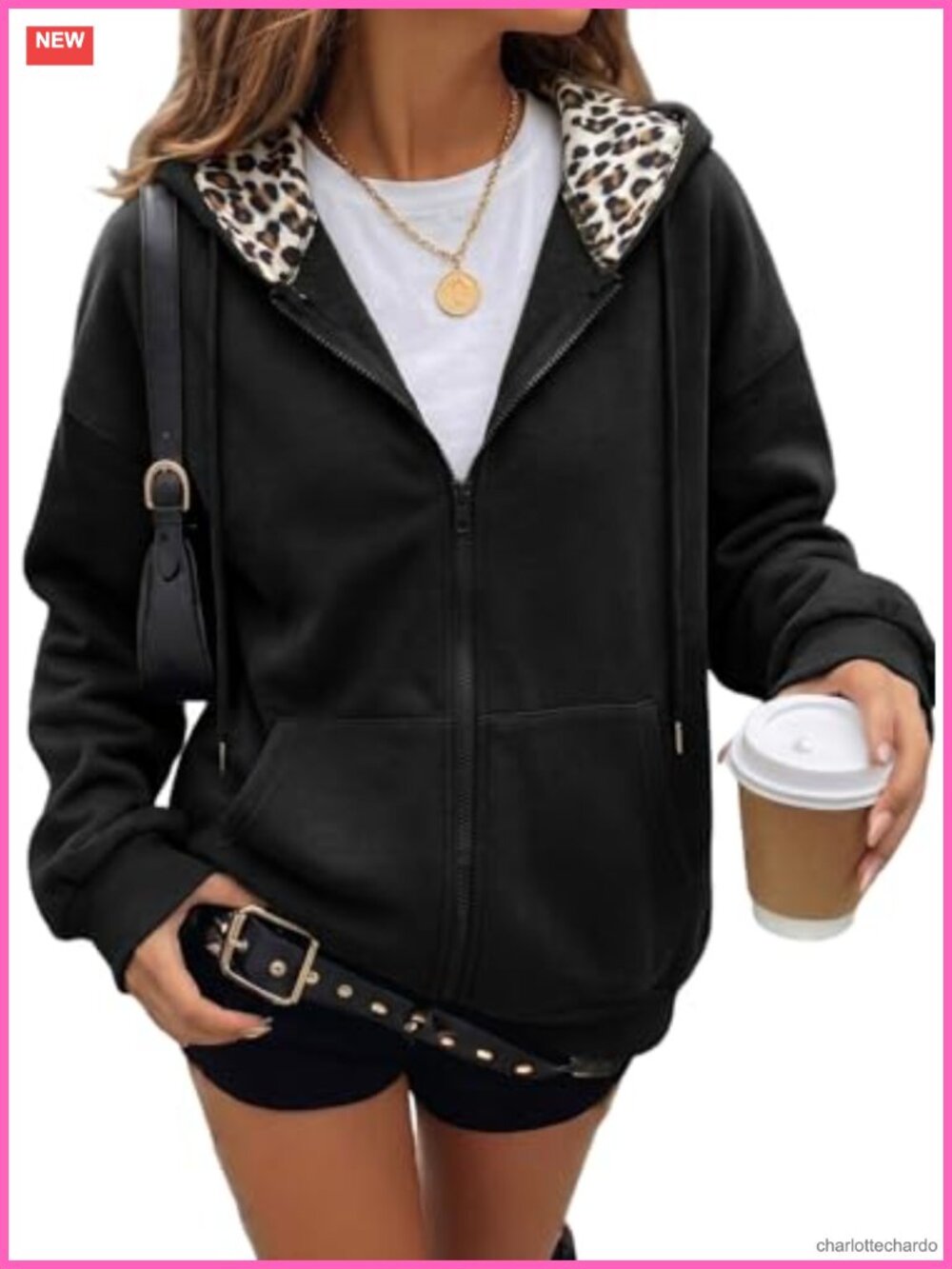 Womens Zip Up Hoodie Leopard Print Lined Oversized Fleece Sweatshirt